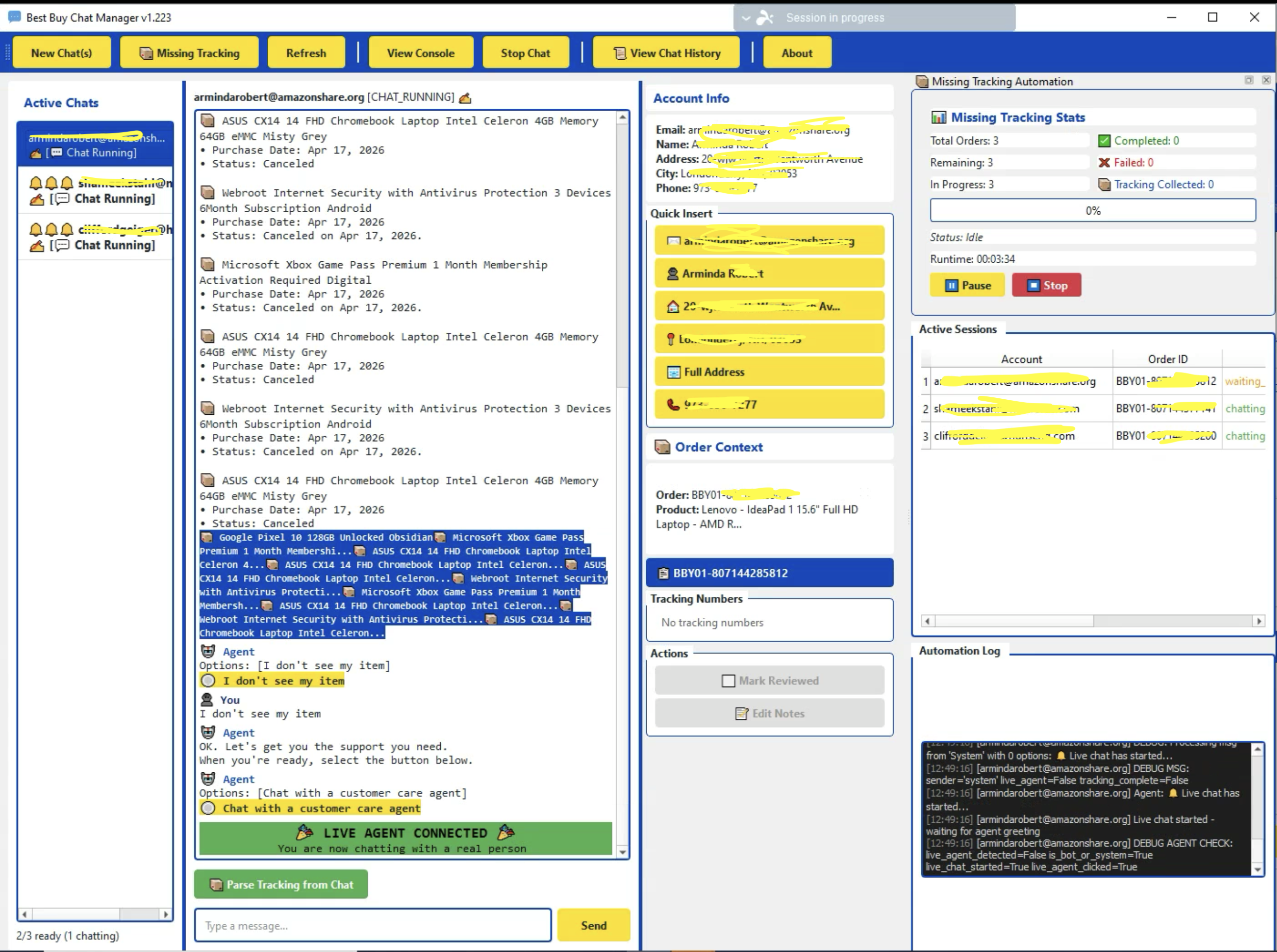 Screenshot of the customer service chat automation platform driving a live support conversation, with the operator UI on the left and the live chat session on the right.