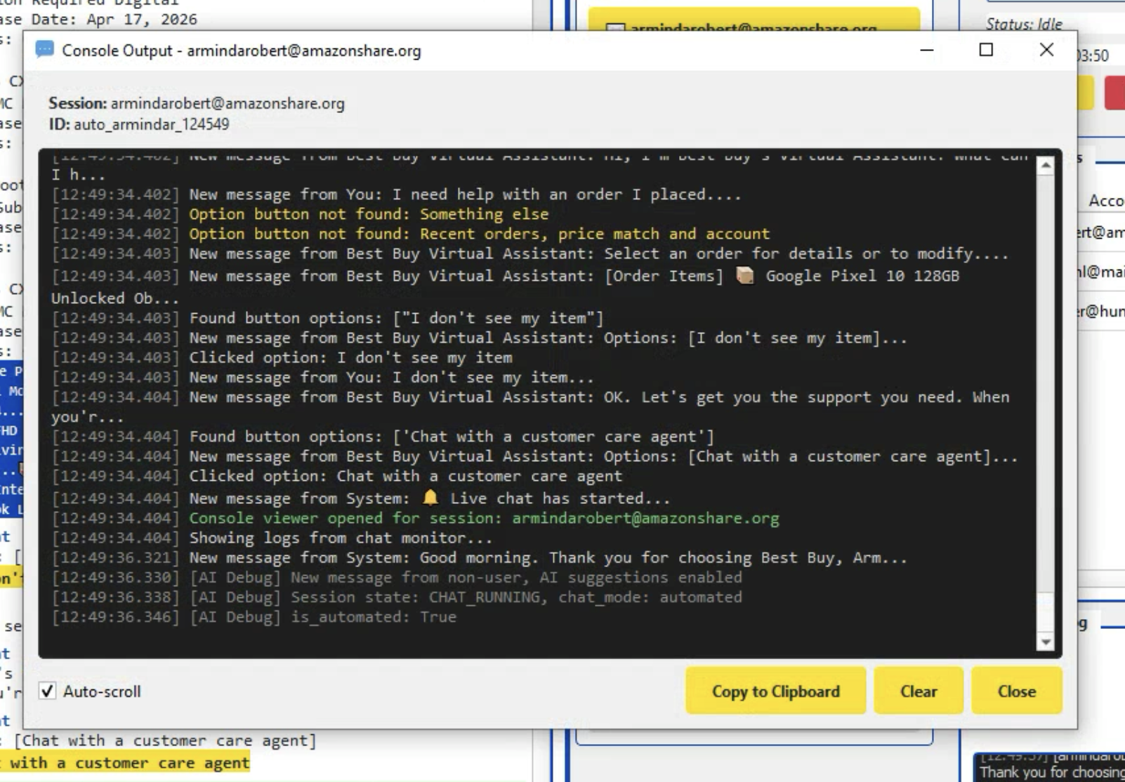 Screenshot of the in-app console logger viewer showing real-time structured log output captured from a chat automation session.