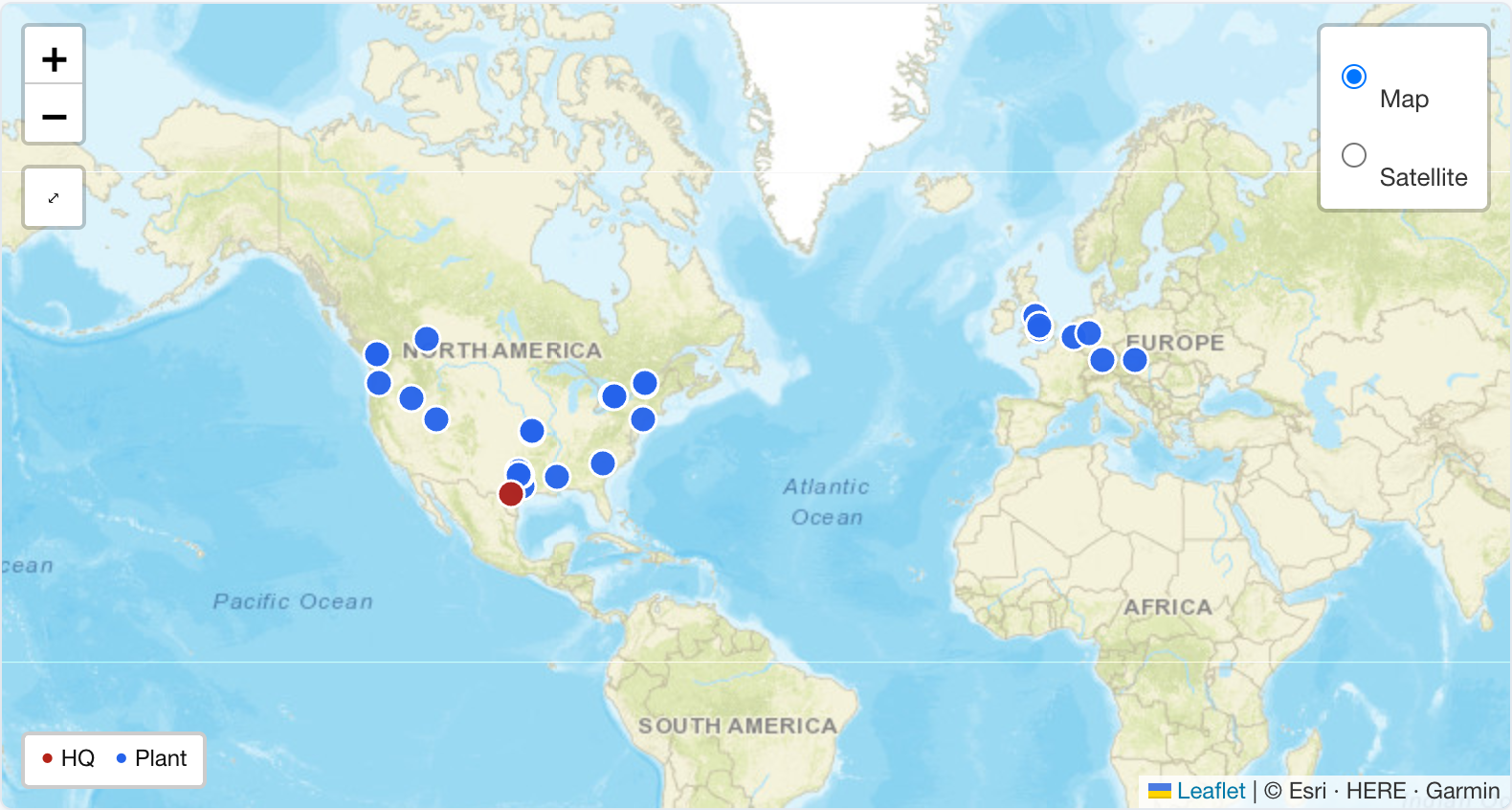Per-company facilities map plotting one manufacturer's headquarters and plants across North America and Europe, with street and satellite map views for plant location mapping.