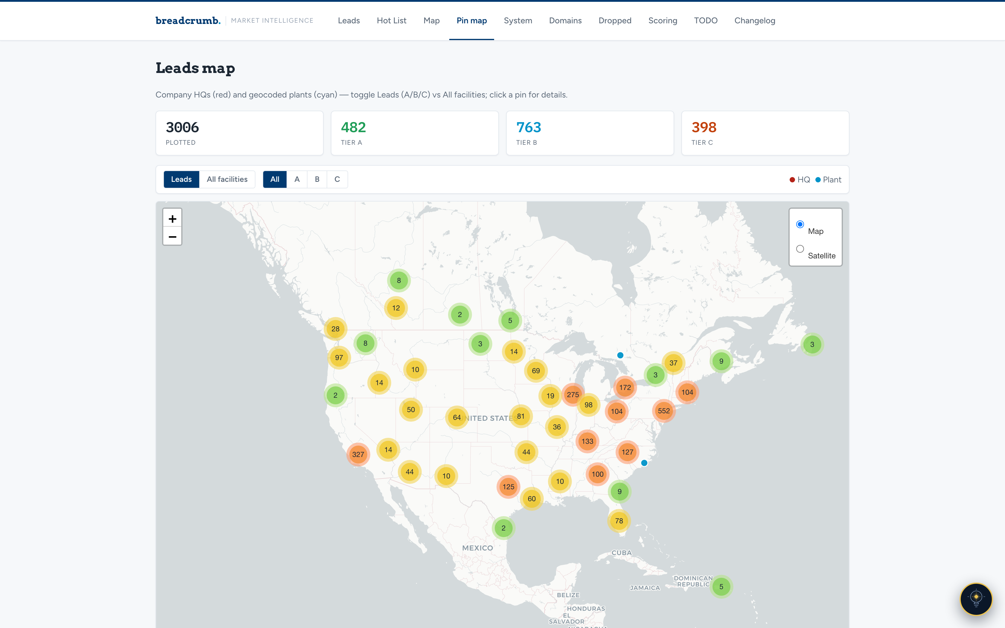 Interactive North America pin map in the Breadcrumb platform plotting over 3,000 company headquarters and plants, clustered by region and filterable by lead tier.